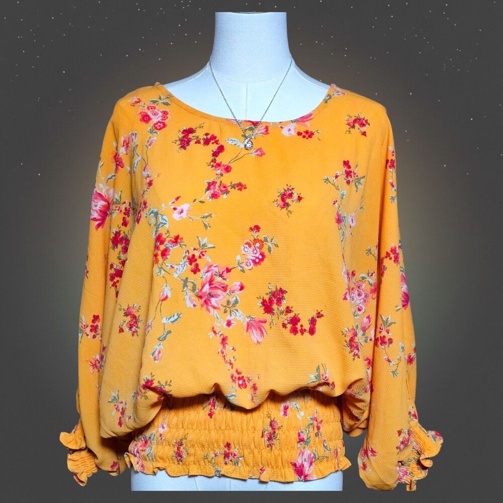 1 State Womens Small Top Orange Boho Floral Smocked Waist Blouse Cottagecore